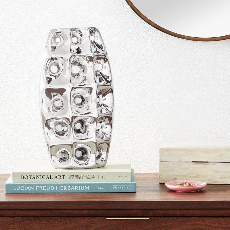 Deco 79 Ceramic Decorative Vase Centerpiece Vase with Cut Out Designs, Vase for Home Decoration 8" x 4" x 14", Silver - Image 2